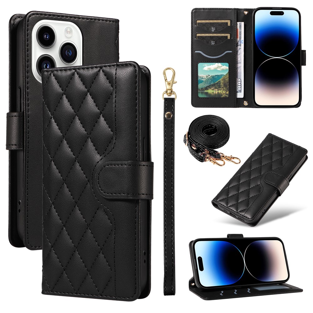 For iPhone 14 Pro Max Case Rhombus Grid Leather Phone Cover Wallet with Lanyards - Black