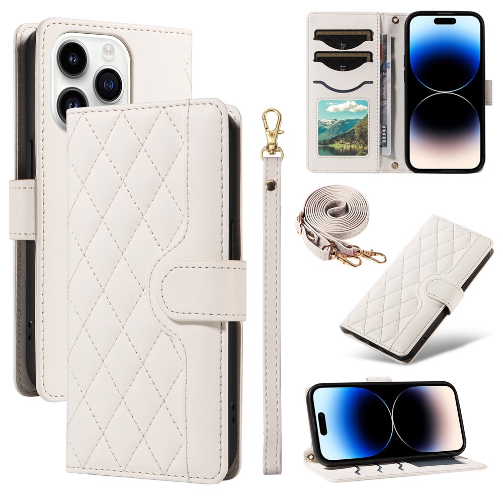 For iPhone 14 Pro Max Case Rhombus Grid Leather Phone Cover Wallet with Lanyards - White