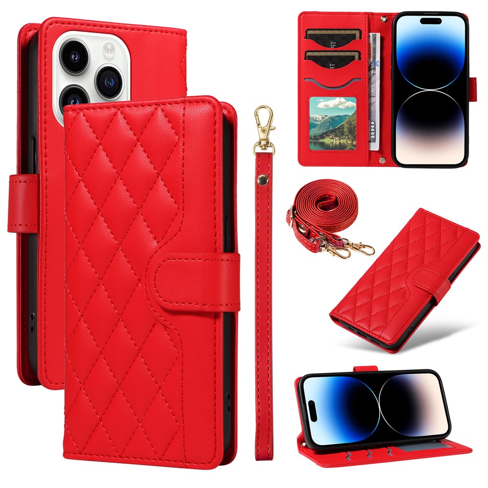 For iPhone 14 Pro Max Case Rhombus Grid Leather Phone Cover Wallet with Lanyards - Red