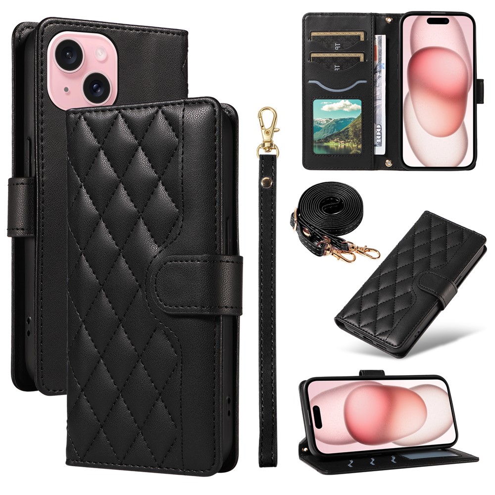 For iPhone 15 Case 3-Card Slot Wallet Rhombus Leather Phone Cover Shoulder Strap Wrist Strap - Black
