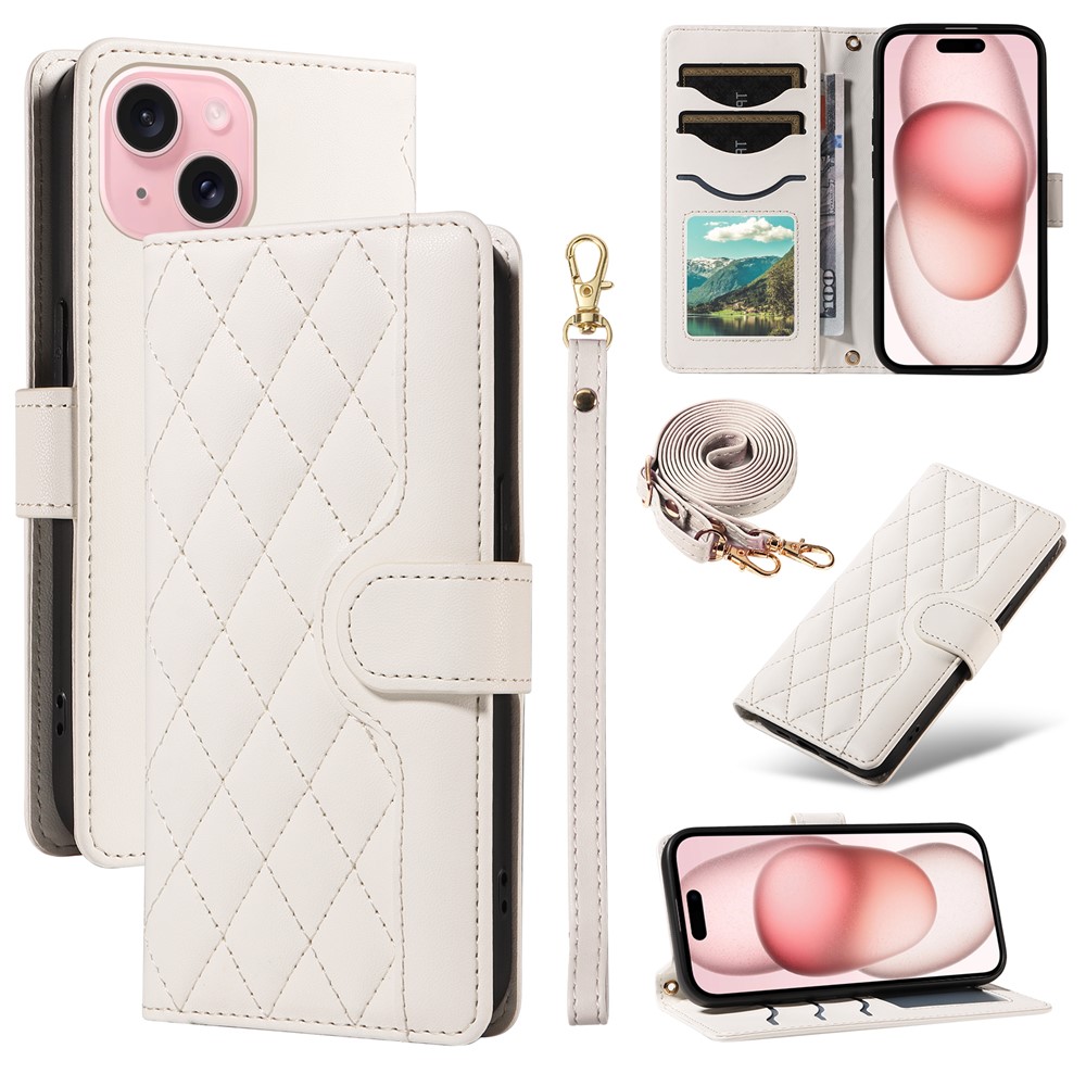 For iPhone 15 Case 3-Card Slot Wallet Rhombus Leather Phone Cover Shoulder Strap Wrist Strap - White
