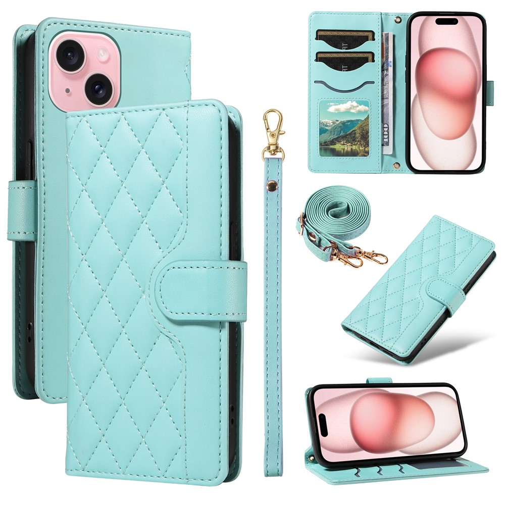 For iPhone 15 Case 3-Card Slot Wallet Rhombus Leather Phone Cover Shoulder Strap Wrist Strap - Green