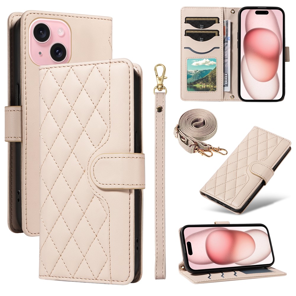 For iPhone 15 Case 3-Card Slot Wallet Rhombus Leather Phone Cover Shoulder Strap Wrist Strap - Apricot