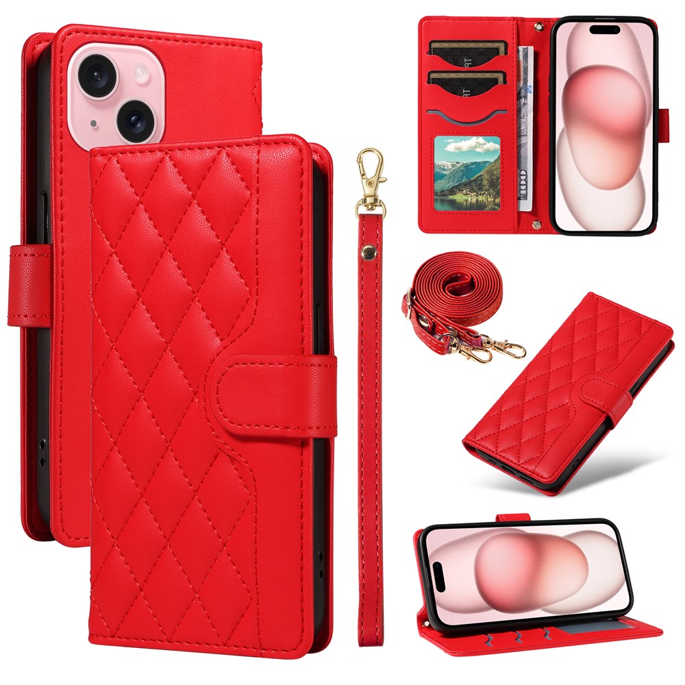 For iPhone 15 Case 3-Card Slot Wallet Rhombus Leather Phone Cover Shoulder Strap Wrist Strap - Red
