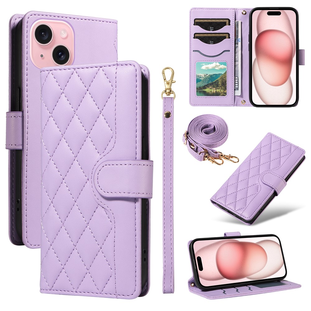 For iPhone 15 Case 3-Card Slot Wallet Rhombus Leather Phone Cover Shoulder Strap Wrist Strap - Light Purple