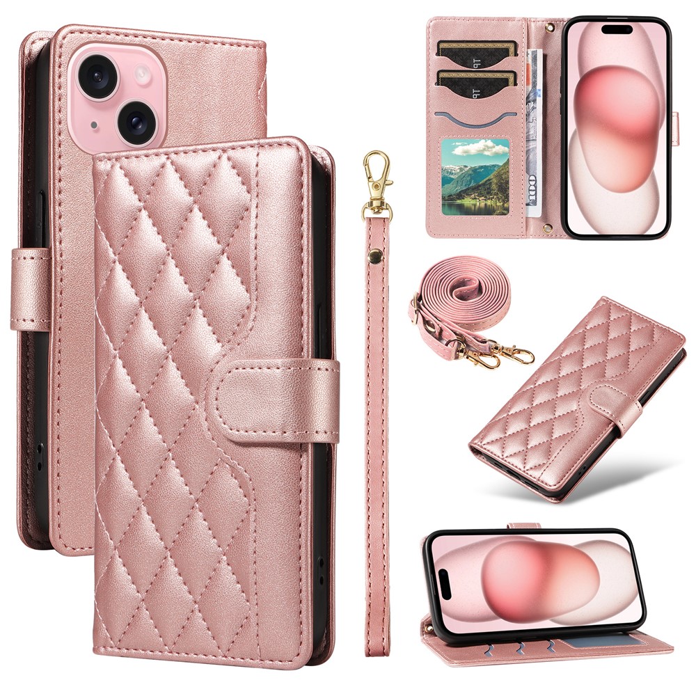 For iPhone 15 Case 3-Card Slot Wallet Rhombus Leather Phone Cover Shoulder Strap Wrist Strap - Rose Gold