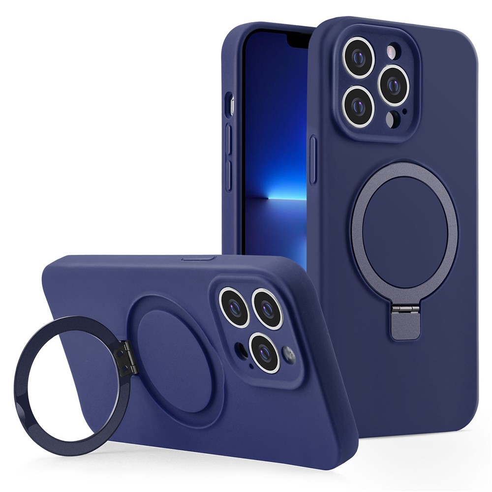 For iPhone 13 Pro Max Case Magnetic Kickstand Flexible Liquid Silicone Phone Cover - Midnight Blue