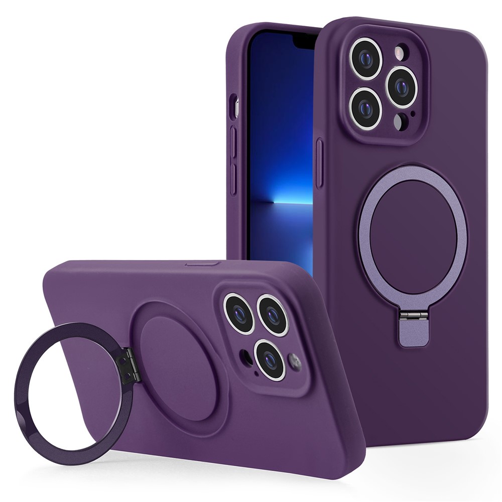 For iPhone 13 Pro Max Case Magnetic Kickstand Flexible Liquid Silicone Phone Cover - Plum