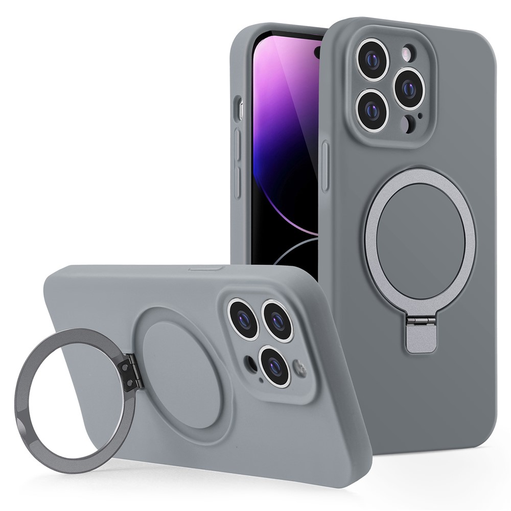 For iPhone 14 Pro Max Magnetic Case Invisible Kickstand Liquid Silicone Phone Cover Camera Protection - Grey