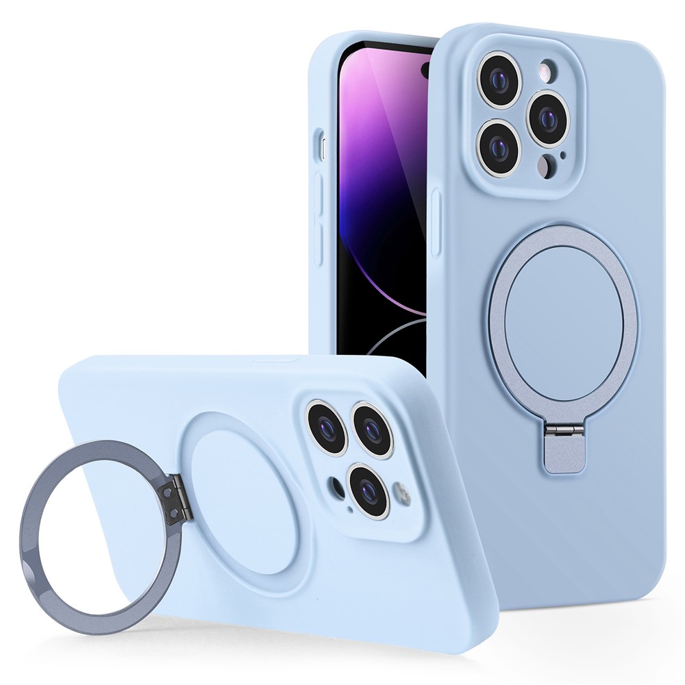 For iPhone 14 Pro Max Magnetic Case Invisible Kickstand Liquid Silicone Phone Cover Camera Protection - Sky Blue