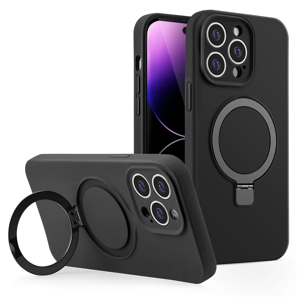 For iPhone 14 Pro Max Magnetic Case Invisible Kickstand Liquid Silicone Phone Cover Camera Protection - Black