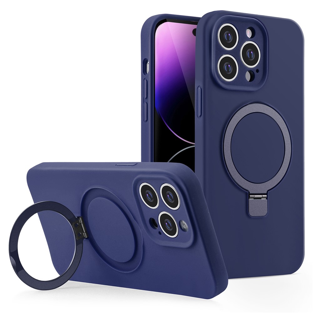 For iPhone 14 Pro Liquid Silicone Case Compatible with MagSafe Kickstand Phone Cover - Midnight Blue