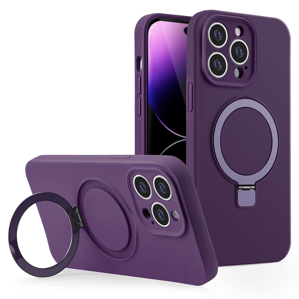 For iPhone 14 Pro Liquid Silicone Case Compatible with MagSafe Kickstand Phone Cover - Plum