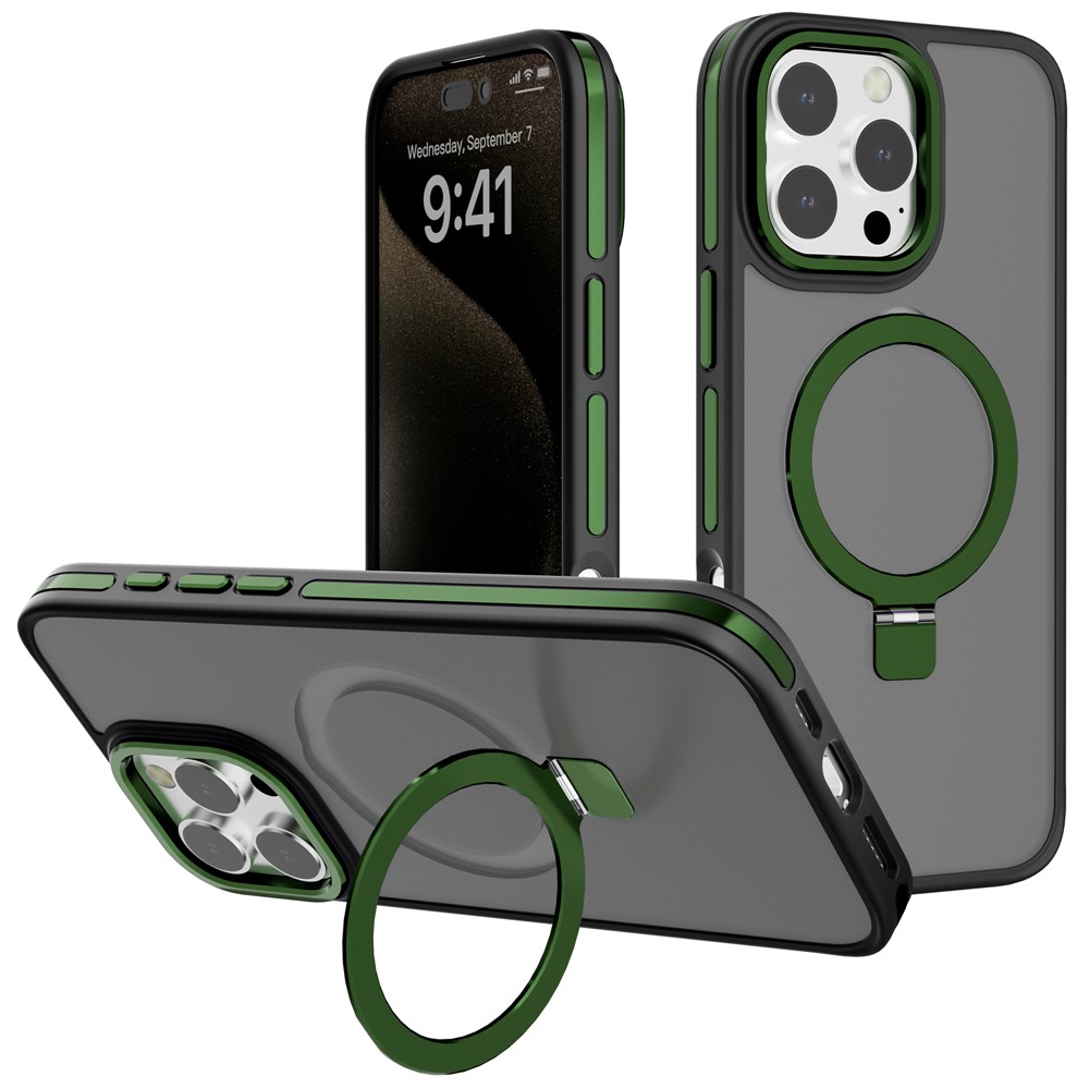 C1 Series For iPhone 13 Pro Case Rotatable Magnetic Kickstand Skin-Touch TPU+PC Smartphone Cover - Blackish Green