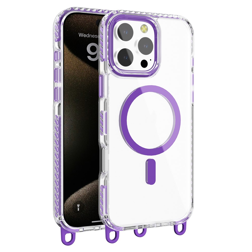 For iPhone 14 Pro Magnetic Phone Case Compatible with MagSafe PC+TPU Cover with Lanyard Hole - Purple