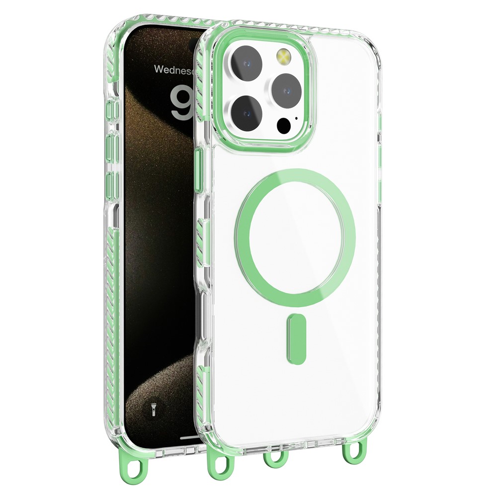 For iPhone 14 Pro Magnetic Phone Case Compatible with MagSafe PC+TPU Cover with Lanyard Hole - Matcha Green