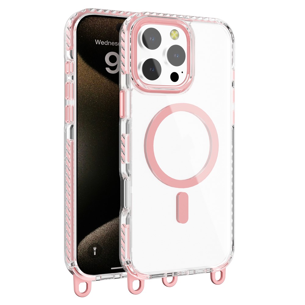 For iPhone 14 Pro Magnetic Phone Case Compatible with MagSafe PC+TPU Cover with Lanyard Hole - Pink
