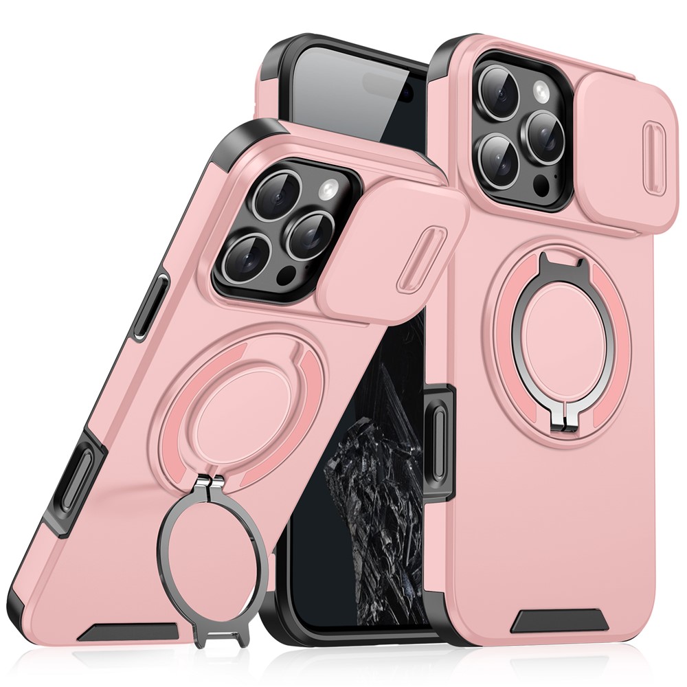For iPhone 14 Pro Max Magnetic Phone Case Slide Lens Protection Ring Kickstand TPU+PC Cover - Pink