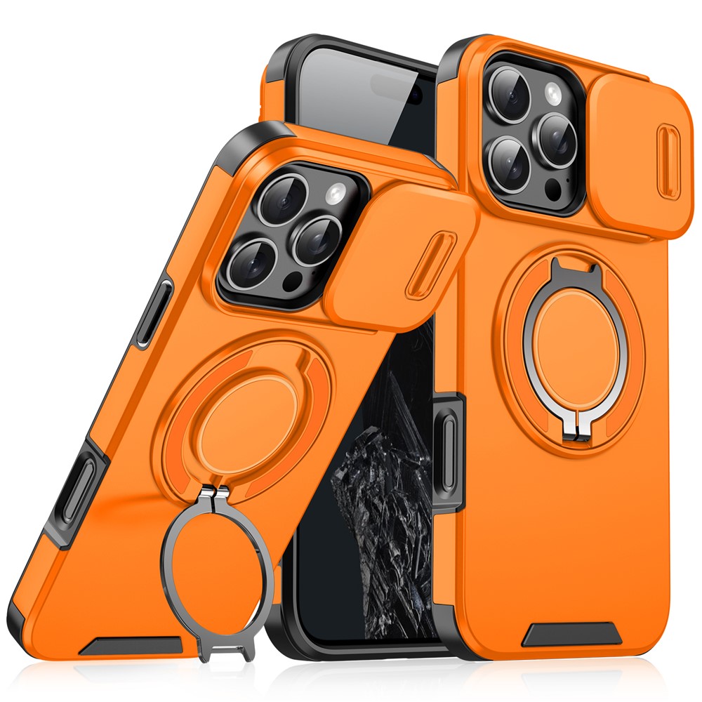 For iPhone 14 Pro Max Magnetic Phone Case Slide Lens Protection Ring Kickstand TPU+PC Cover - Orange