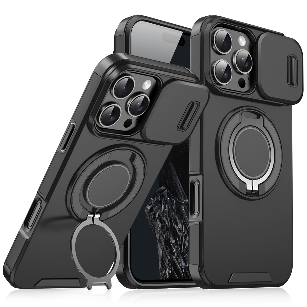 For iPhone 14 Pro Magnetic Case Slide Lens Cover Ring Kickstand TPU+PC Phone Shell - Black