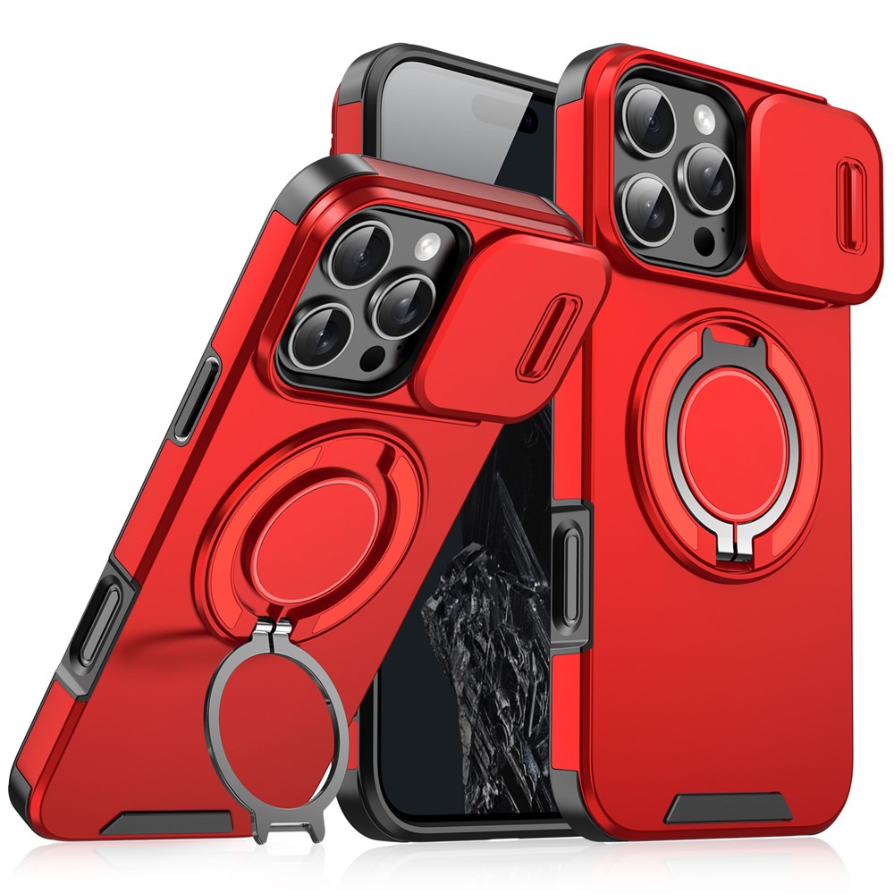 For iPhone 14 Pro Magnetic Case Slide Lens Cover Ring Kickstand TPU+PC Phone Shell - Red