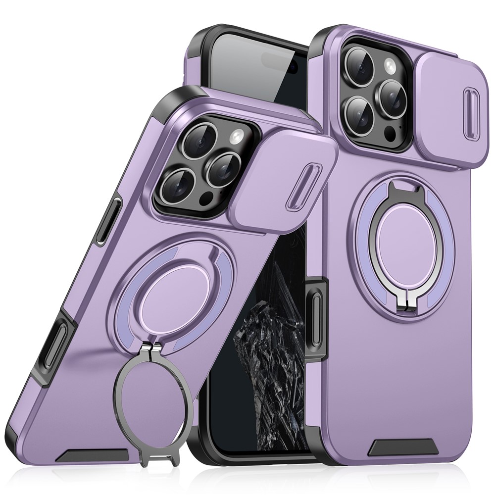 For iPhone 14 Pro Magnetic Case Slide Lens Cover Ring Kickstand TPU+PC Phone Shell - Purple