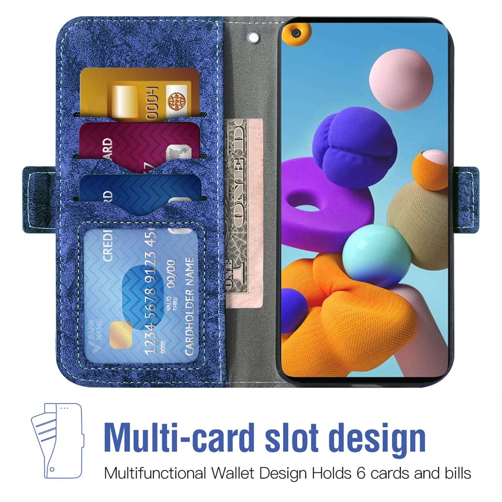 For Samsung Galaxy A21s PU Leather Flip Phone Case Water-ink Painting Texture Rotating Card Slots Holder Horizontal Stand Wallet Cover with Strap - Blue-2