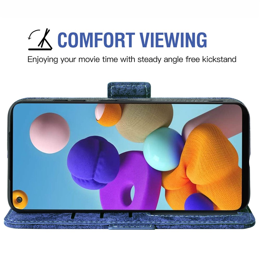 For Samsung Galaxy A21s PU Leather Flip Phone Case Water-ink Painting Texture Rotating Card Slots Holder Horizontal Stand Wallet Cover with Strap - Blue-3