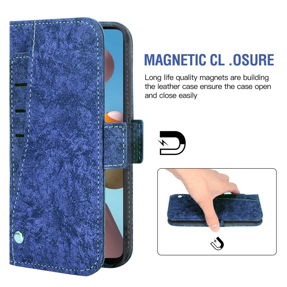 For Samsung Galaxy A21s PU Leather Flip Phone Case Water-ink Painting Texture Rotating Card Slots Holder Horizontal Stand Wallet Cover with Strap - Blue-4
