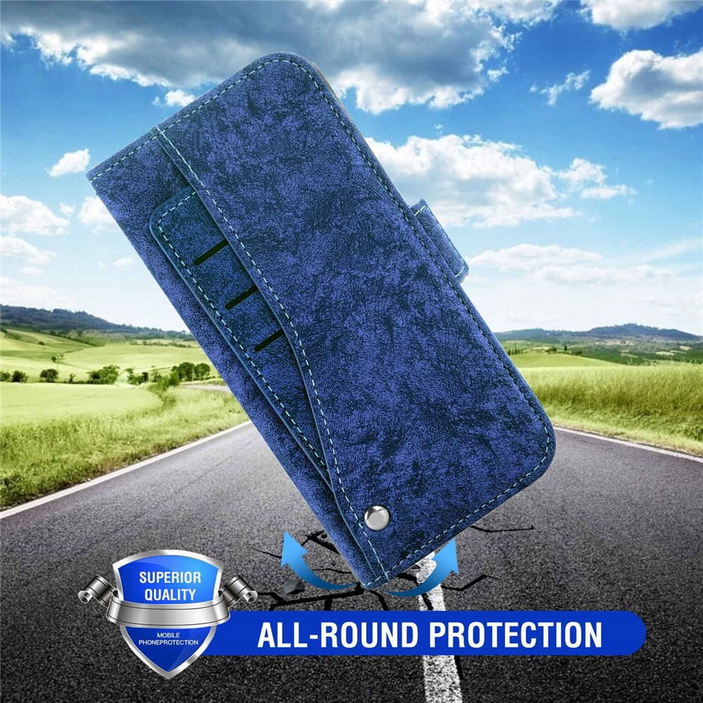 For Samsung Galaxy A21s PU Leather Flip Phone Case Water-ink Painting Texture Rotating Card Slots Holder Horizontal Stand Wallet Cover with Strap - Blue-5