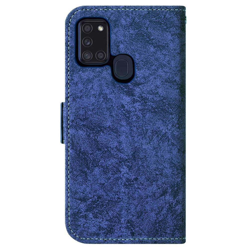 For Samsung Galaxy A21s PU Leather Flip Phone Case Water-ink Painting Texture Rotating Card Slots Holder Horizontal Stand Wallet Cover with Strap - Blue-9