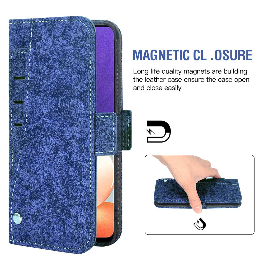 For Samsung Galaxy A22 4G (EU Version) PU Leather Flip Phone Case Water-ink Painting Texture Rotating Card Slots Holder Viewing Stand Wallet Cover with Strap - Blue-4
