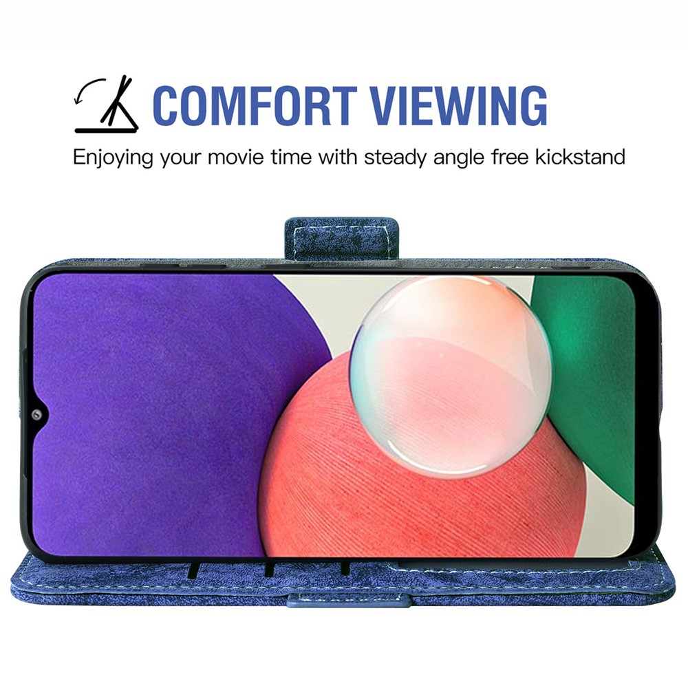 For Samsung Galaxy A22 5G (EU Version) Shock Absorption PU Leather Flip Phone Case Water-ink Painting Texture Rotating Card Slots Holder Stand Wallet Cover with Strap - Blue-3