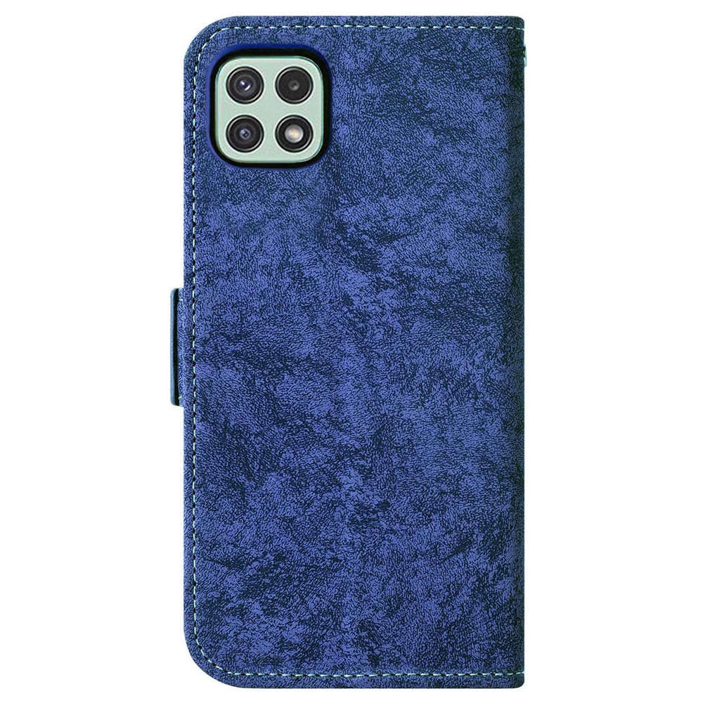 For Samsung Galaxy A22 5G (EU Version) Shock Absorption PU Leather Flip Phone Case Water-ink Painting Texture Rotating Card Slots Holder Stand Wallet Cover with Strap - Blue-9