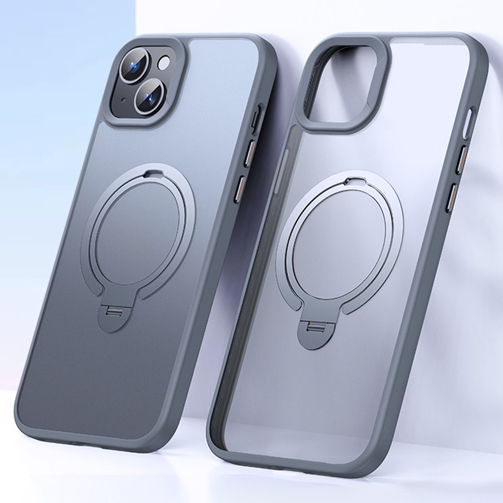 For iPhone 15 Phone Case Kickstand Matte Back Cover Compatible with MagSafe - Grey