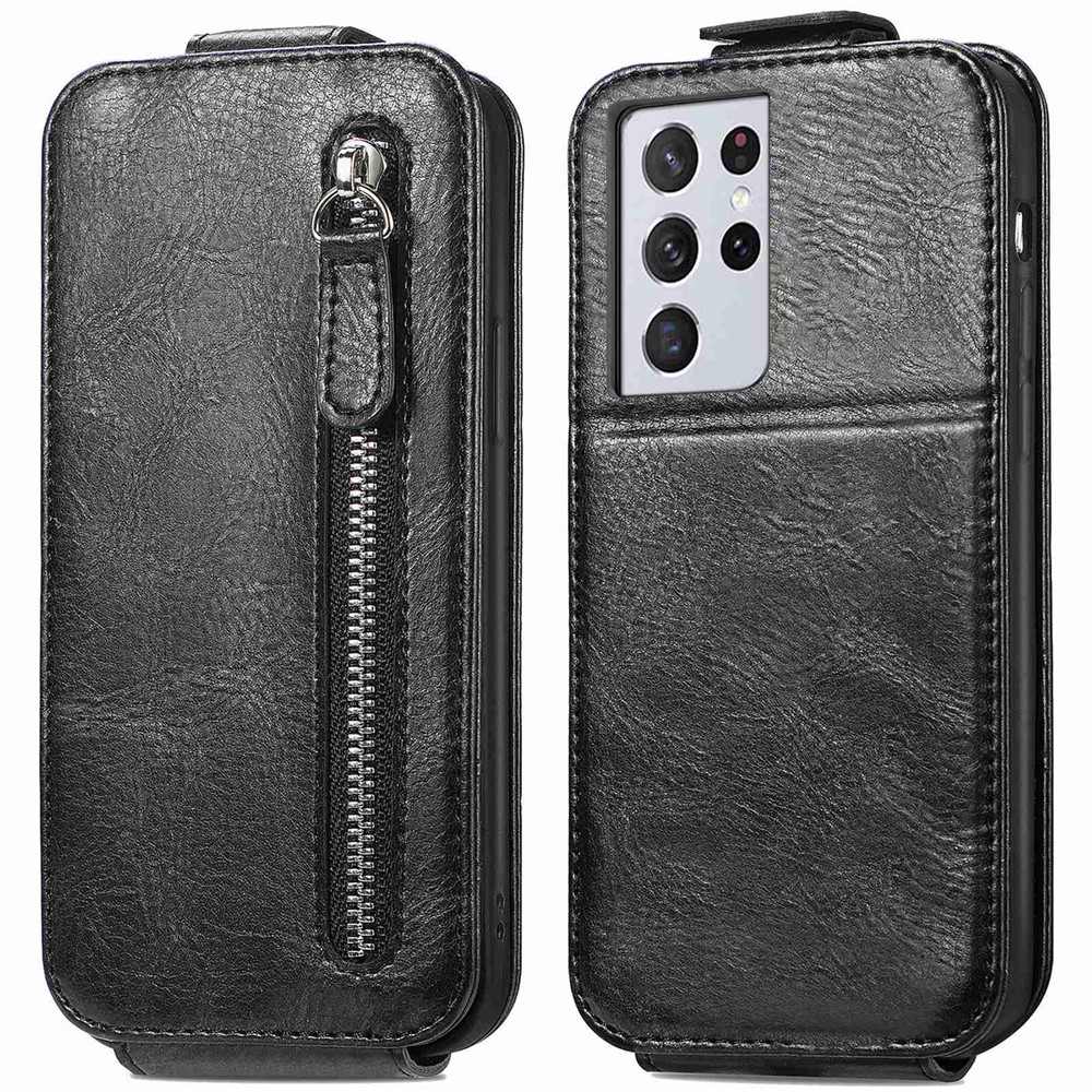 For Samsung Galaxy S21 Ultra 5G Vertical Flip Down Cover PU Leather Stand Magnetic Closure Wallet Zipper Pocket Case - Black-1