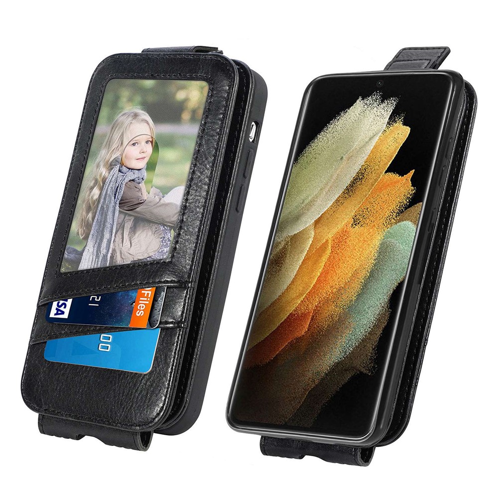 For Samsung Galaxy S21 Ultra 5G Vertical Flip Down Cover PU Leather Stand Magnetic Closure Wallet Zipper Pocket Case - Black-3