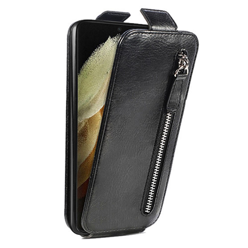 For Samsung Galaxy S21 Ultra 5G Vertical Flip Down Cover PU Leather Stand Magnetic Closure Wallet Zipper Pocket Case - Black-5