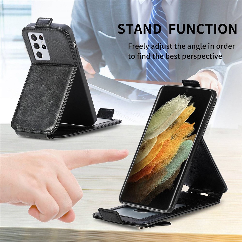 For Samsung Galaxy S21 Ultra 5G Vertical Flip Down Cover PU Leather Stand Magnetic Closure Wallet Zipper Pocket Case - Black-6