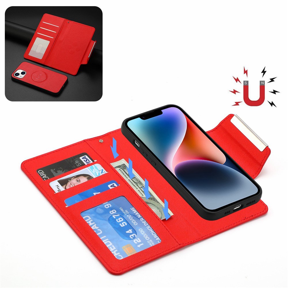 For iPhone 14 Ultra-thin Detachable Drop-proof Magnetic Clasp Leather Wallet Phone Case Shell - Red-2