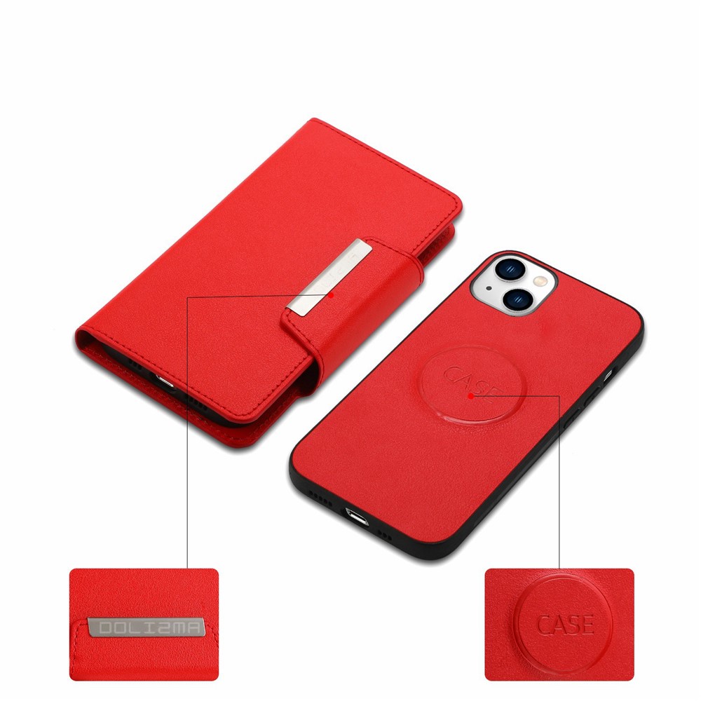 For iPhone 14 Ultra-thin Detachable Drop-proof Magnetic Clasp Leather Wallet Phone Case Shell - Red-3
