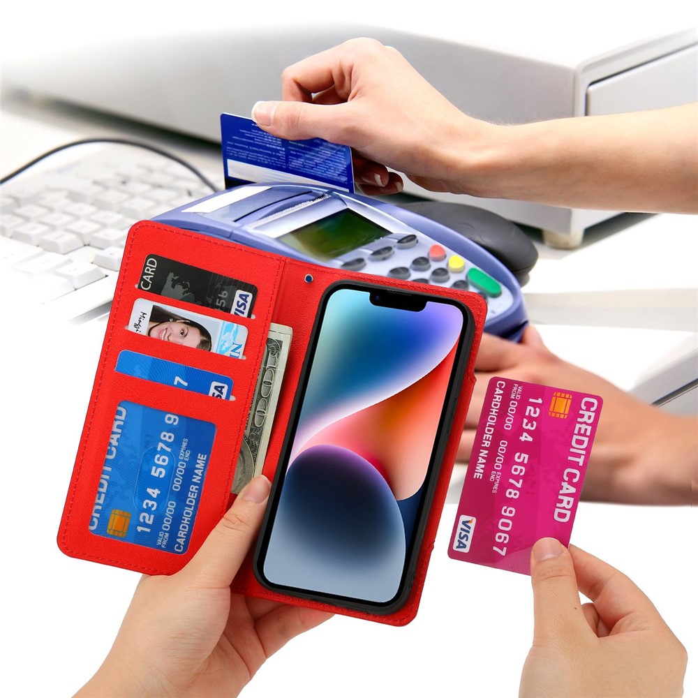 For iPhone 14 Ultra-thin Detachable Drop-proof Magnetic Clasp Leather Wallet Phone Case Shell - Red-6