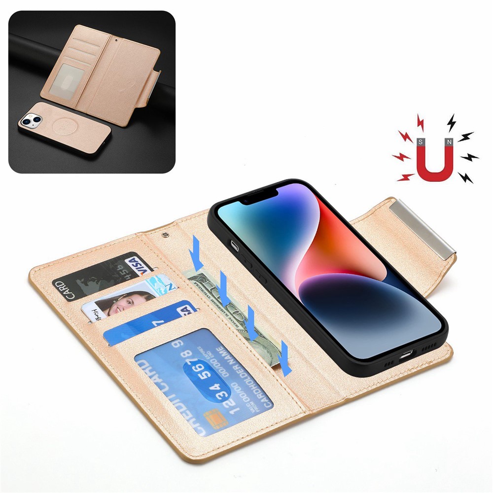 For iPhone 14 Plus Ultra-thin Detachable Leather Wallet Phone Case Magnetic Clasp Cellphone Shell - Gold-2