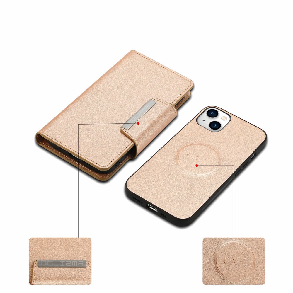 For iPhone 14 Plus Ultra-thin Detachable Leather Wallet Phone Case Magnetic Clasp Cellphone Shell - Gold-3