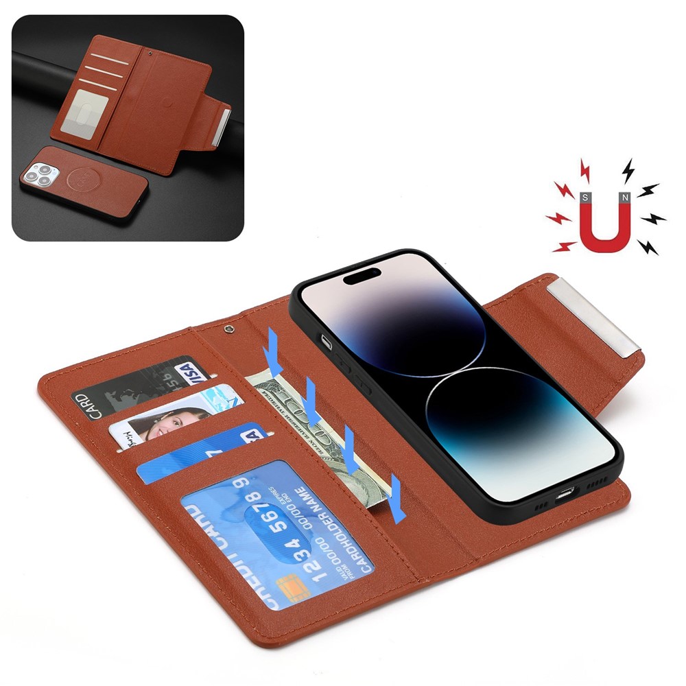 For iPhone 14 Pro Ultra-thin Detachable Leather Wallet Phone Case Shockproof Magnetic Clasp Cellphone Shell - Brown-2