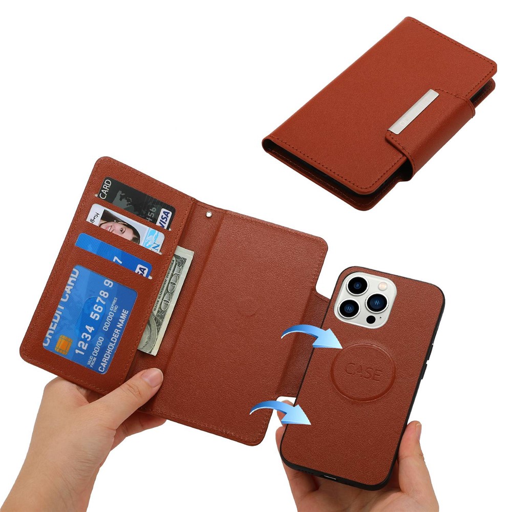 For iPhone 14 Pro Ultra-thin Detachable Leather Wallet Phone Case Shockproof Magnetic Clasp Cellphone Shell - Brown-4