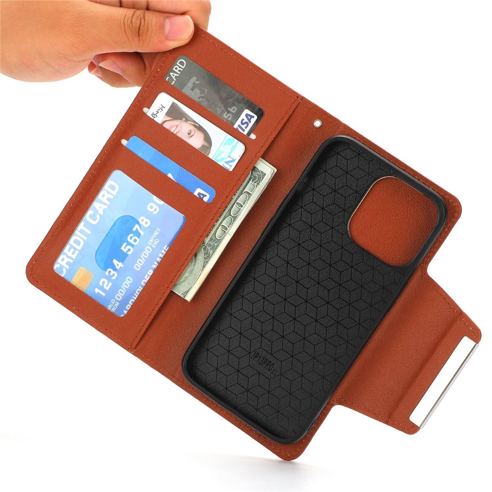 For iPhone 14 Pro Ultra-thin Detachable Leather Wallet Phone Case Shockproof Magnetic Clasp Cellphone Shell - Brown-6