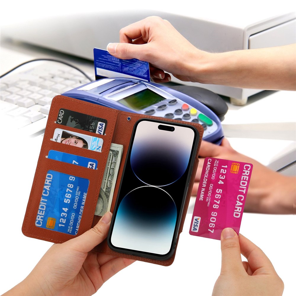 For iPhone 14 Pro Ultra-thin Detachable Leather Wallet Phone Case Shockproof Magnetic Clasp Cellphone Shell - Brown-7