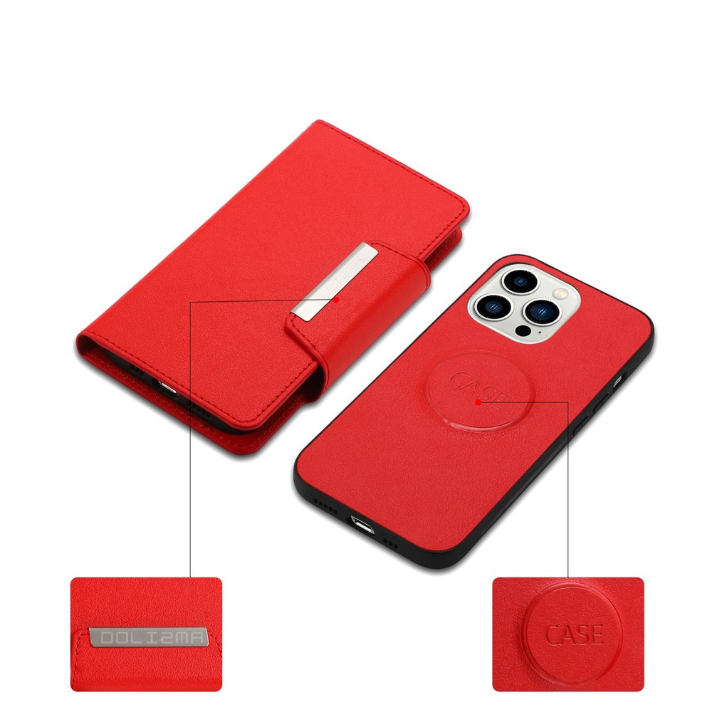 For iPhone 14 Pro Max Ultra-thin Detachable Leather Wallet Phone Case Anti-fall Magnetic Clasp Cellphone Shell - Red-3