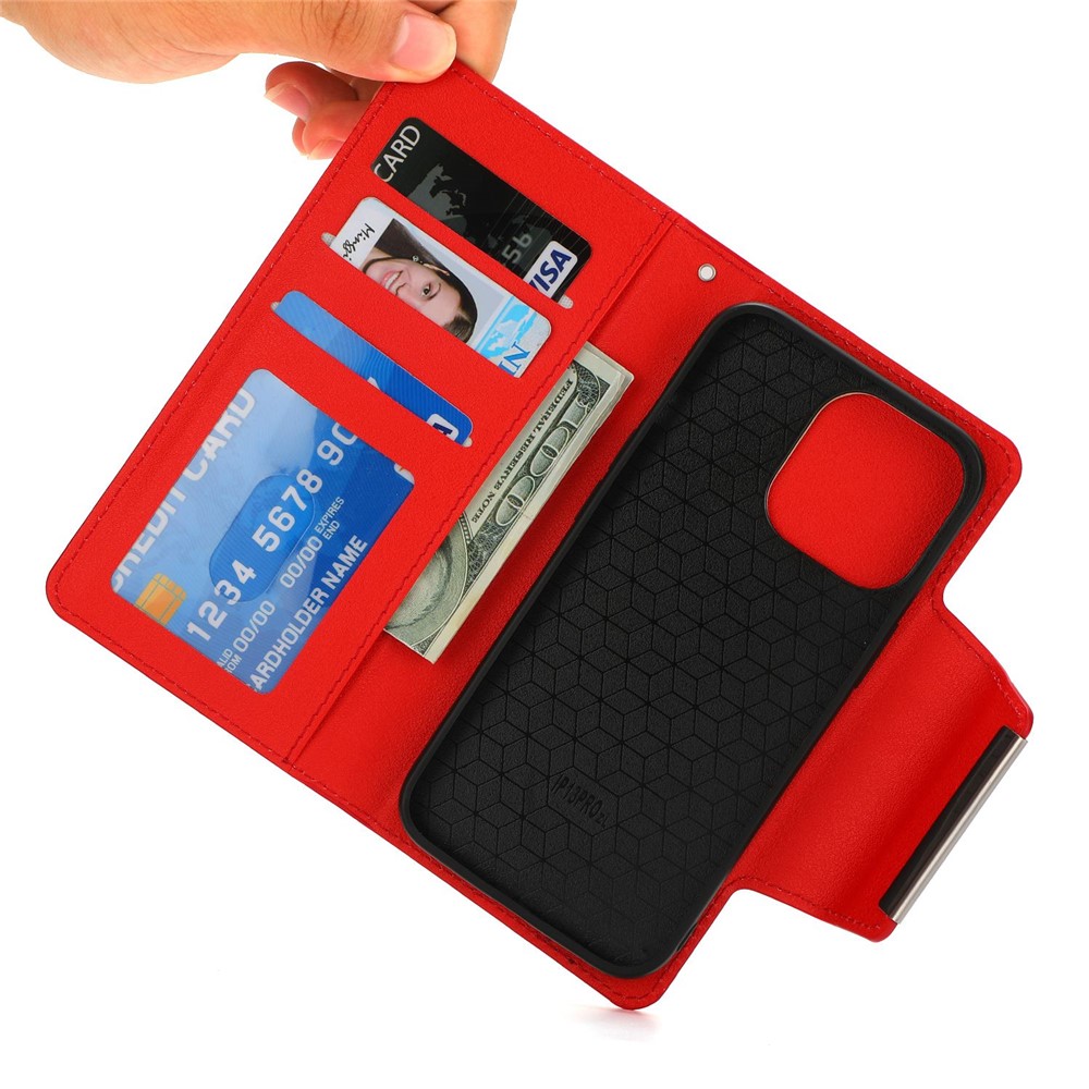 For iPhone 14 Pro Max Ultra-thin Detachable Leather Wallet Phone Case Anti-fall Magnetic Clasp Cellphone Shell - Red-6